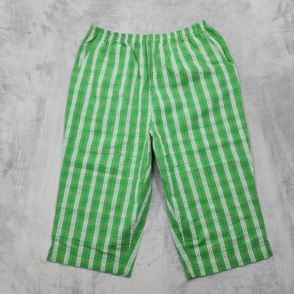 Denim & Co Pants Womens L Green Plaid Pull On Capri Crop Cotton Summer Casual